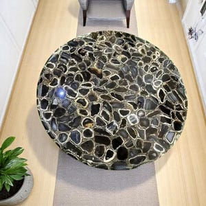 Mesa de centro con tapa de piedra, mesa redonda para pasillo, mesa de ágata negra, regalos personalizados