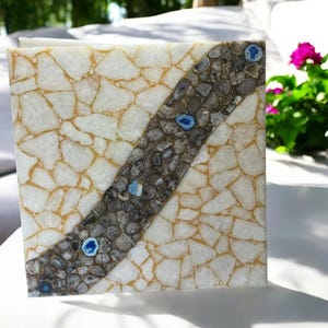 Square White Agate Coffee Table Precious Gemstone Luxury Healing Crystal Console Bar Handmade Work Furniture & Mid Century Modern Arts Decor