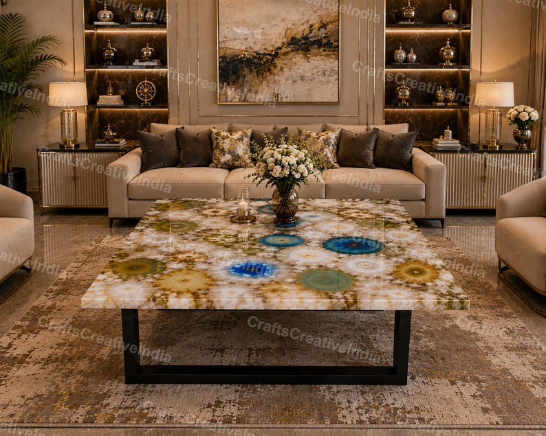 Large Rectangular Agate Coffee Table, Luxury Gemstone Center Table for Living Room Decor image 4