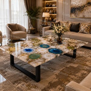 Large Rectangular Agate Coffee Table, Luxury Gemstone Center Table for Living Room Decor image 1