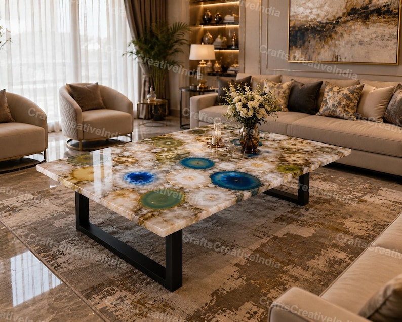 Large Rectangular Agate Coffee Table, Luxury Gemstone Center Table for Living Room Decor image 1