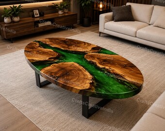 Oval Wood Coffee Table - Green Resin Live Edge Furniture