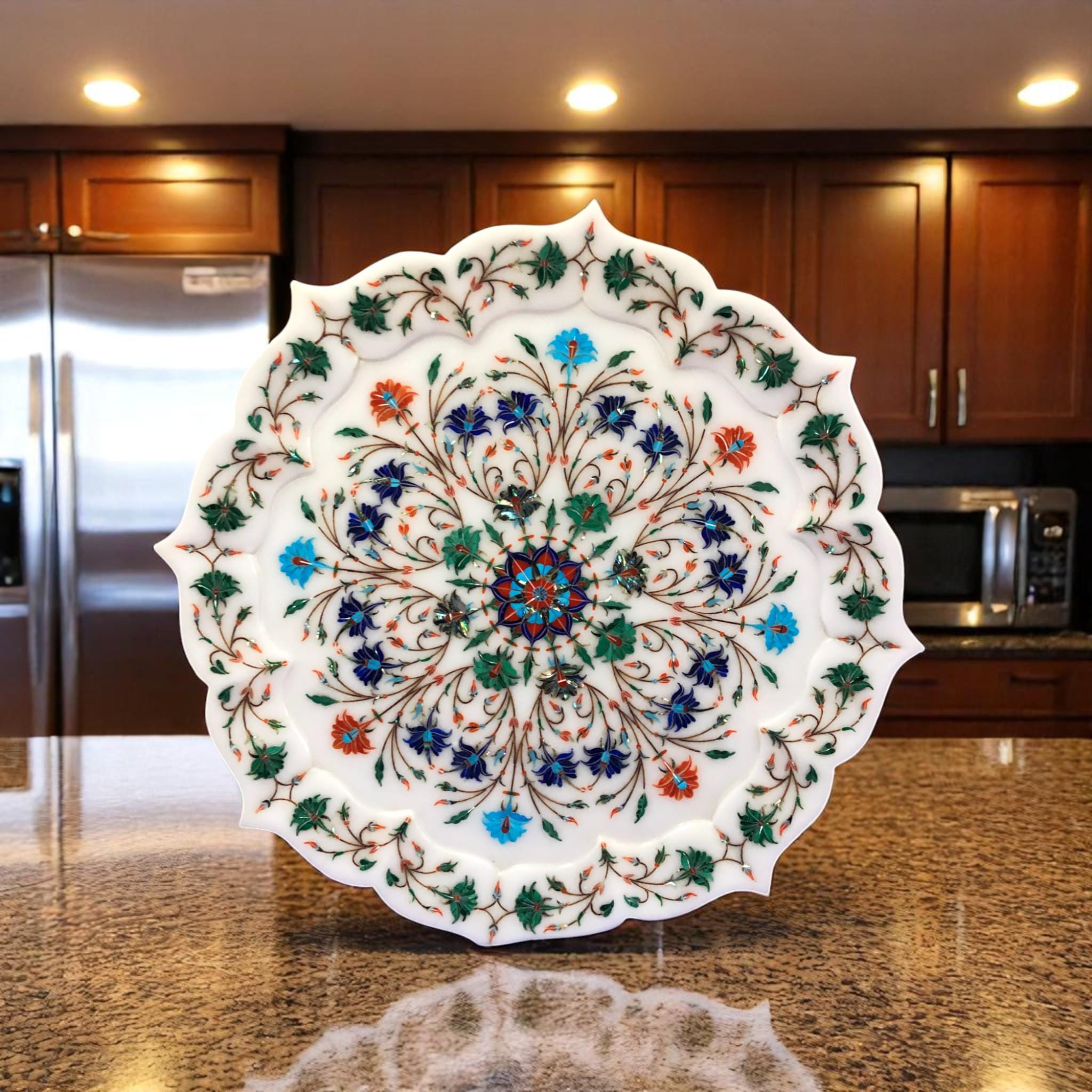 Kitchen Decorative Plate Multi Color Gemstone Semi Precious Indian Marble Inlay Collectible Gifts