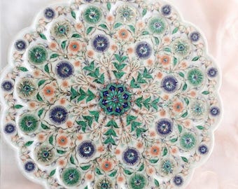 Handmade White Marble Serving Plate: Gemstone Inlay Floral Decor