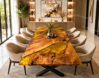 Custom made yellow epoxy resin wood dining table live edge walnut luxury furniture