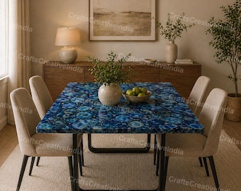 Handmade Blue Agate Dining Table – Luxury Stone Dining Table, Polished Gemstone Slab Table for Home Decor