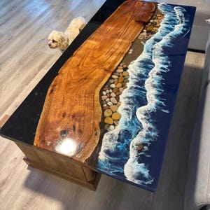 Ocean Wave Blue Epoxyhars Eettafelblad Bar Aanrecht Handgemaakt Kunst Antiek Ontwerp Live Edge Acaciahout Conferentie Vergaderen & decoreren