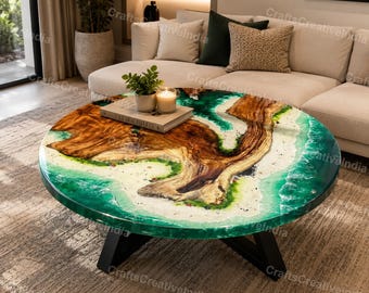 Round epoxy ocean coffee table, coastal blue resin wood table, beach home decor