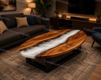 Smoky White Oval Walnut Epoxy Coffee Table | Handcrafted Live Edge Design For Modern Luxury