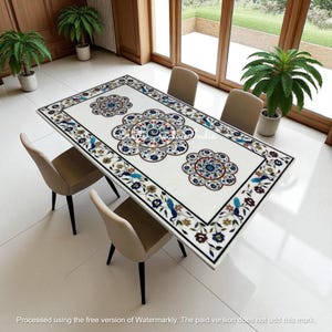 Floral Marquetry Marble Top Dining Table: Peacock Gemstone Inlay