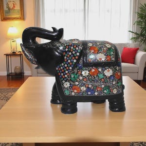 Handicraft Black Marble Elephant Statue Semi Precious Gemstone Inlay Decorative Housewarming Gift