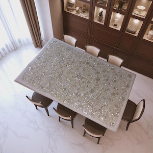 White Marble Table Top: Floral Mother of Pearl Inlay, Handmade Gemstone Decor
