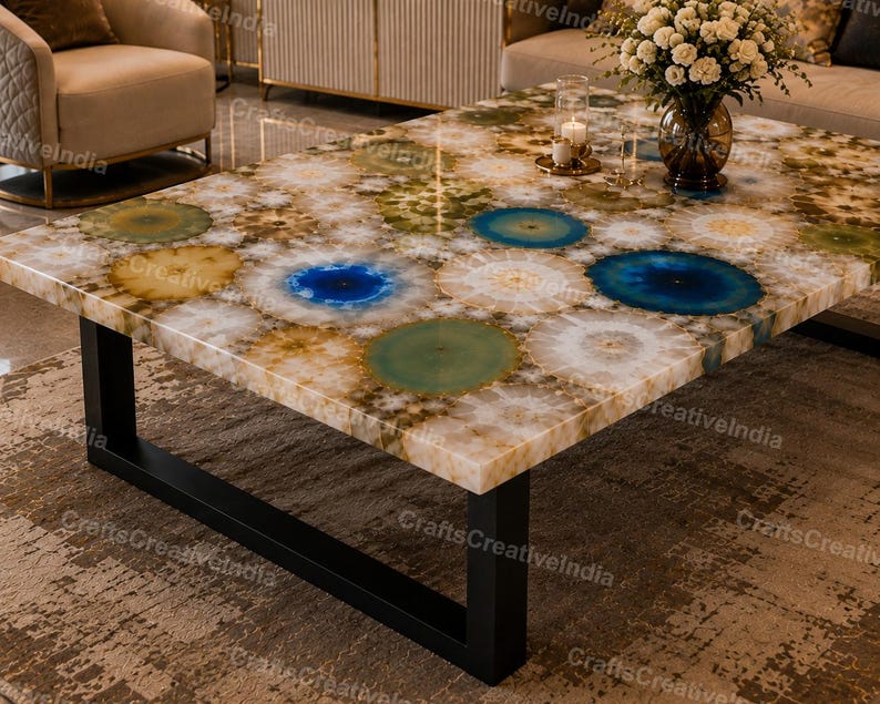 Large Rectangular Agate Coffee Table, Luxury Gemstone Center Table for Living Room Decor image 5