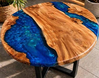 Mesa de centro de resina epoxi azul, mesa de madera con borde natural, tableros redondos, muebles de lujo hechos a mano, mesa para sala de estar.