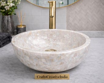 Luxury Bathroom Sink Bowl, White Mother of Pearl Vessel Sink, Designer Vanity Basin