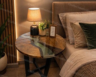 Handmade Epoxy Resin River Side Table – Round Wooden Bedside Table – Modern Bedroom Nightstand – Unique Home Decor Furniture