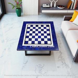 Handmade White Marble Chess Table Blue Lapis Inlay Stone Personalized Gift for Him