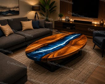 Oval Epoxy River Table, Walnut Wood Coffee Table- With Ocean Waves Texture