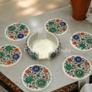 Round White Marble Drinkware 6 Coaster Plate Set Inlay Floral Handmade Cottage Indian Mosaic Stone Elegance Random Arts Housewarming Gifts