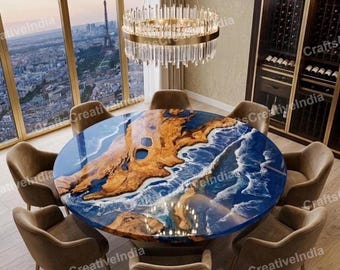 Round Epoxy Resin Dining Table, Live Edge Walnut Wood, Ocean Wave Design, Coastal Furniture