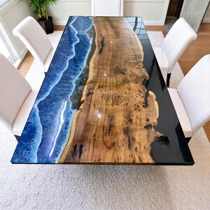Ocean Wave Epoxy Resin Table: Live Edge Coastal Bar Top Desk