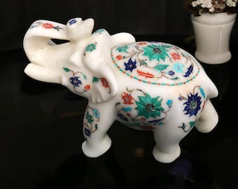 6インチの白い大理石の象の像：寄木細工の宝石象嵌 - Etsy 日本