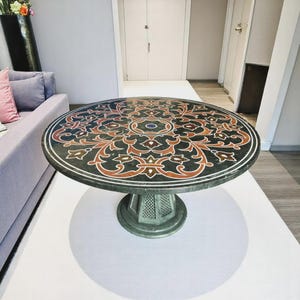 Green Marble Table with Stand Base, Coffee Table Round, Marble Table Top, Pietra Dura Gemstone, Living Room Furniture