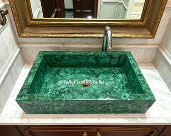 Premium Malachite Gemstone Wash Basin Sink Rectangular for Bathroom & Kitchen Style Home Accent