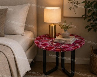 Pink Agate Stone Coffee Table – Handmade Gemstone Round Table, Luxury Home Furniture