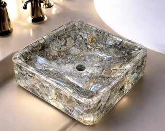 Natural Labradorite Bathroom Sink | Handmade Gemstone Vessel Basin | Luxury Crystal Stone Sink | Modern Bathroom Decor