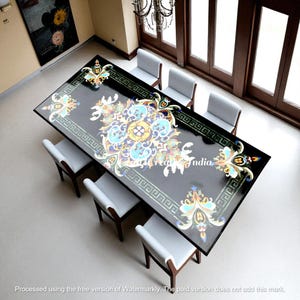 Black Marble Dining Table Top Semi Precious Pietra Dura Indian Handicraft Inlay Gemstone Unique Home Decor Furniture