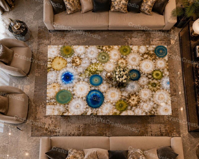 Large Rectangular Agate Coffee Table, Luxury Gemstone Center Table for Living Room Decor image 2