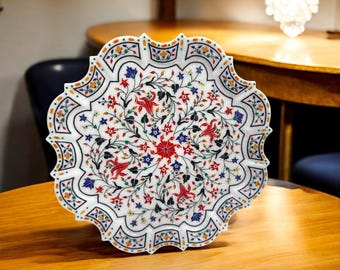 Elegant White Marble Serving Plate with Semi-Precious Gemstone Inlay Luxury Tableware