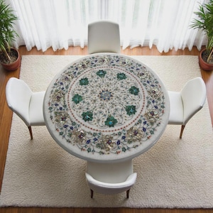 Stunning Marble Top Round Table Floral Marquetry Semi Precious Inlay Gemstone Work Handmade Gifts