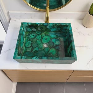 Green Agate Stone Sink Handmade Rectangle Vessel Luxury Vanity Basin Decor