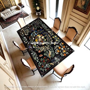 Tablero de comedor de mármol floral: incrustaciones de piedra dura, arte con piedras preciosas