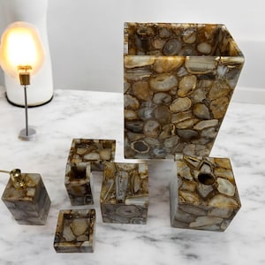Premium Brown Agate Bathroom Accessories, Soap Dispenser, Tissue Box & Tray, Luxury Spa-Inspired Decor, Set Of 7 Pieces Bath Set