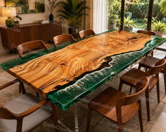 Handmade Solid Wood Dining Table, Green Epoxy Resin Coffee Table, Live Edge Furniture Modern Design