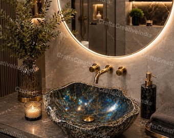 Handmade Labradorite Vessel Sink Irregular Natural Gemstone Wash Basin Luxury Bathroom Decor