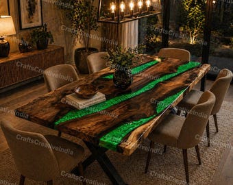 Handmade Live Edge Dining Table – Green Resin River Wood Furniture