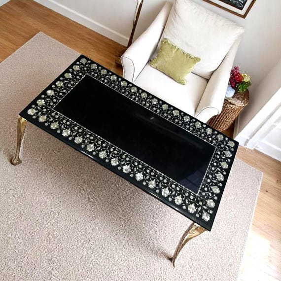 Black Marble Inlay Table Top Floral Mop Inlay Marquetry Stone Home Furniture