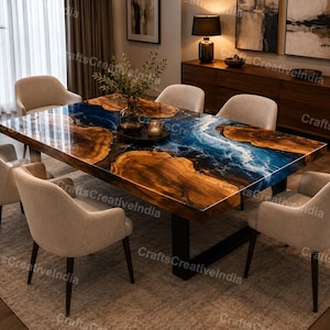 Pode incluir: Uma mesa de jantar retangular com uma placa de madeira natural e uma incrustação de resina azul brilhante, apoiada por pernas de metal preto. A mesa é rodeada por seis cadeiras bege estofadas com pernas de madeira escura.