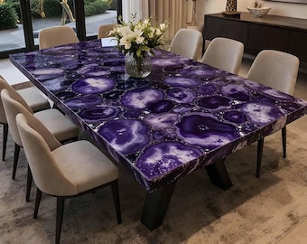 Purple Agate Dinning Table, Rectangle Accent Living Room Furniture, Handmade Decor Modern Interior Table