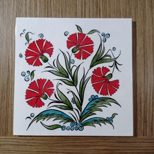 Handcrafted Ceramic Tile with Carnation Pattern, Traditional Turkish Wall Art, Ottoman Floral Decor, Unique Handmade Gift
