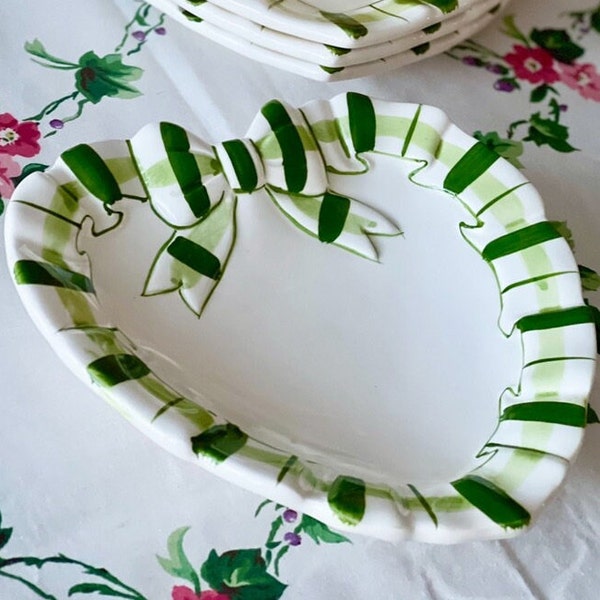 Haldon Group Heart Shape Bow Green Stripe Ribbon 7" Dish