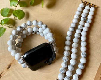 White Howlite Beaded Apple Watch Band, Custom Apple Watch Band, Elastic Apple Watch Band, Stretchy, Unique Apple Watch Band