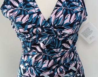 Ellos marineblauw en roze zwempak met bladpatroon