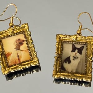 Può includere: Un paio di orecchini con cornice color oro. Un orecchino presenta un ritratto di cane, l'altro un ritratto di gatto. Le cornici hanno dettagli ornati e basi nere, con ganci per le orecchie dorati.
