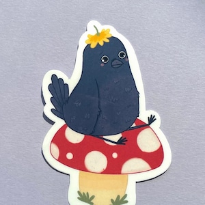 autocollant bébé corbeau | Champignon - Cottagecore - Observation des oiseaux - Amateurs d'oiseaux - Corbeau - Corbeau - Sticker pour ordinateur portable - Sticker bouteille d'eau - Fantastique