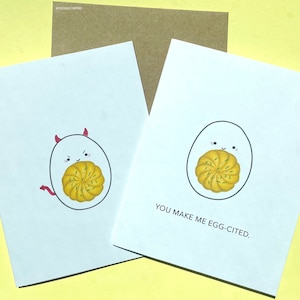 de voeux d'oeuf à la diable | Egg-cité | Choix de 1 | Jeu de mots drôle carte de voeux - oeuf kawaii - jeu de mots - oeuf à la coque